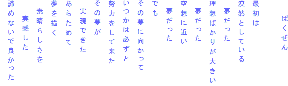 　　ばくぜん

最初は
漠然としている
　夢だった
理想ばかりが大きい
　夢だった
空想に近い
　夢だった
でも
その夢に向かって
いつかは必ずと
努力をして来た
その夢が
　実現できた
あらためて
夢を描く
　素晴らしさを
　　実感した
諦めないで良かった