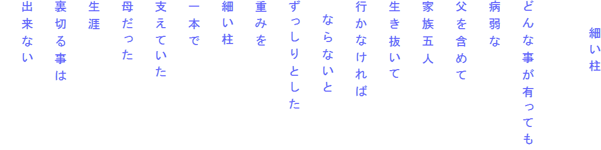 　　細い柱

どんな事が有っても
病弱な
父を含めて
家族五人
生き抜いて
行かなければ
　ならないと
ずっしりとした
重みを
細い柱
一本で
支えていた
母だった
生涯
裏切る事は
出来ない