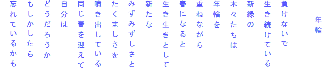 　　年輪

負けないで
生き続けている
新緑の
木々たちは
年輪を
重ねながら
春になると
生き生きとして
新たな
みずみずしさと
たくましさを
噴き出している
同じ春を迎えて
自分は
どうだろうか
もしかしたら
忘れているかも